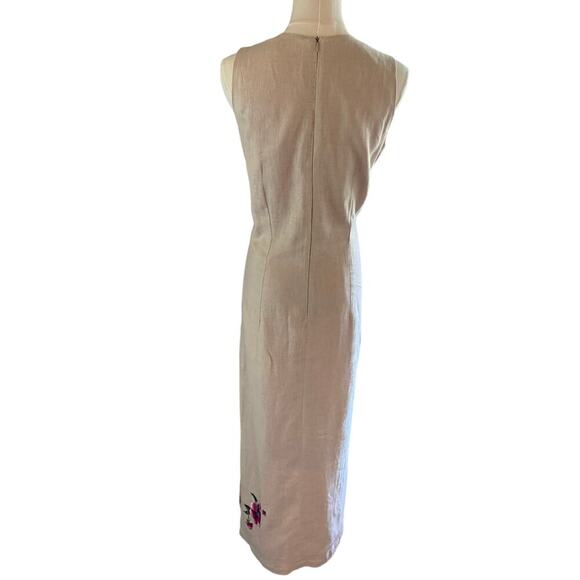 Vintage Beige Floral Embroidered Dress Maxi Sleeveless Size 12 Linen Elegant - Picture 2 of 9